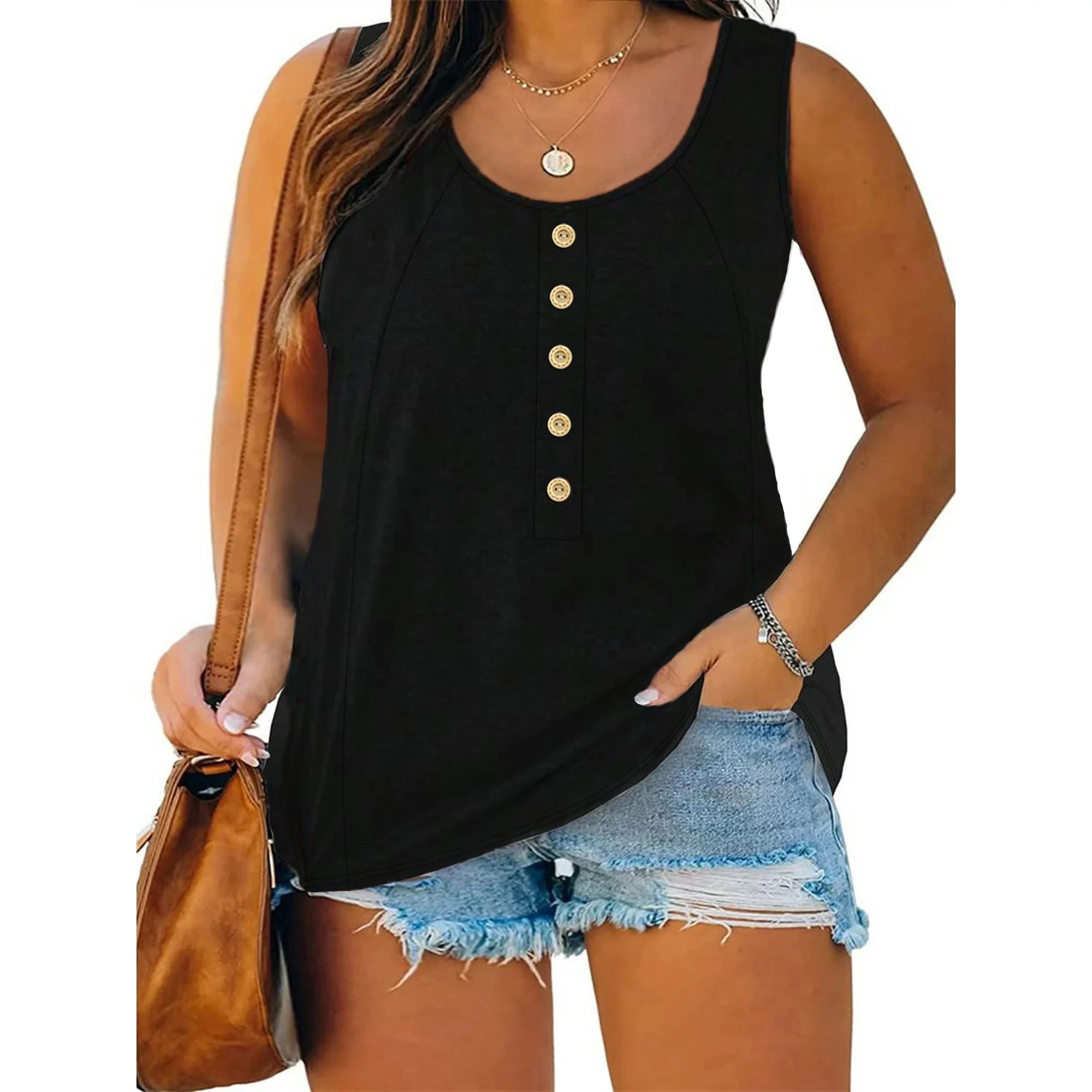 Plus Size 2024 New Colored Cotton Casual U-neck Sleeveless Tank Top Solid Button Tank Top