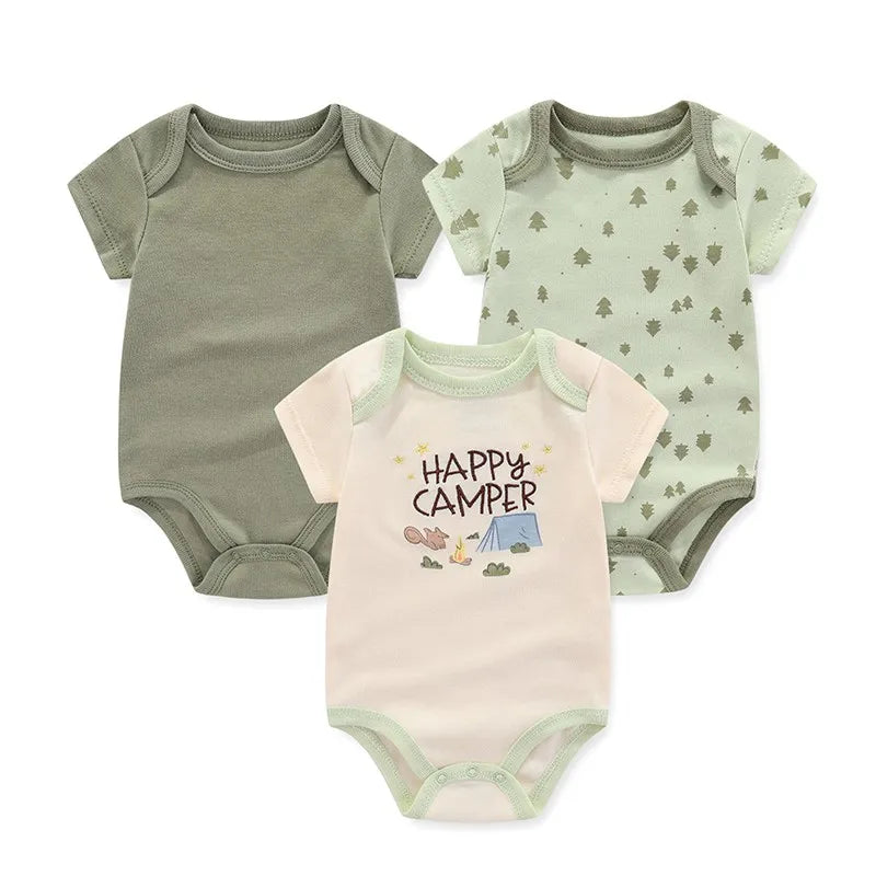 Unisex Cotton Newborn Baby Boy Clothes 3Pieces Summer 0-12M Cartoon Baby Girl Clothes Print Bodysuits Short Sleeve Bebes