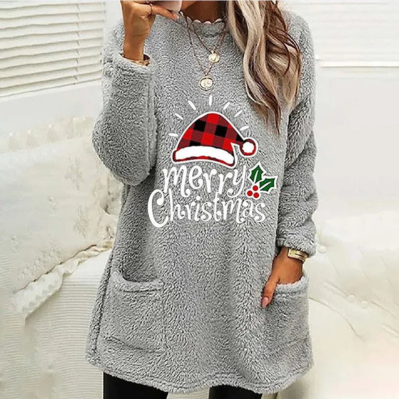 Plus-size European and American cross-border  autumn and winter new casual print pocket plush sweatshirt
