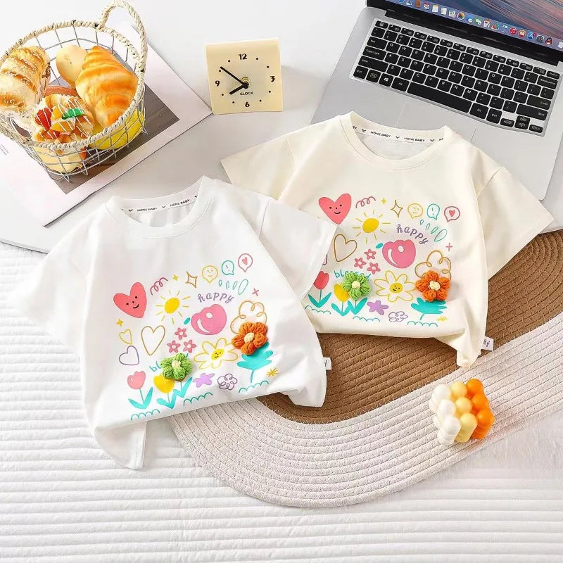Jumping Meters Flowers Kids Tees Hot Selling Cotton Summer Girls Tshirts Baby Clothes Children's Tees Tops