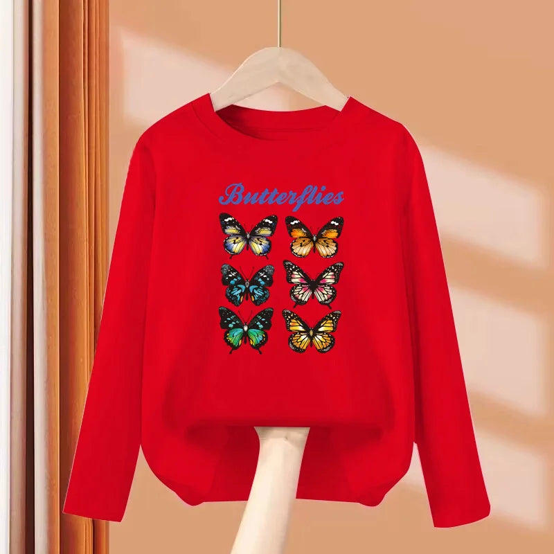 Girls New Autumn Clothes Paris Eiffel Tower T-shirt Long sleeved Cotton Tops Little Girl Butterfly Party Tees
