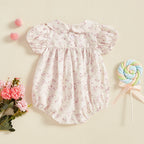 0-18M Infant Baby Girls Bowknot Embroidered Rompers Lovely Floral Print Doll Collar Short Sleeve Bubble Jumpsuits for Newborn
