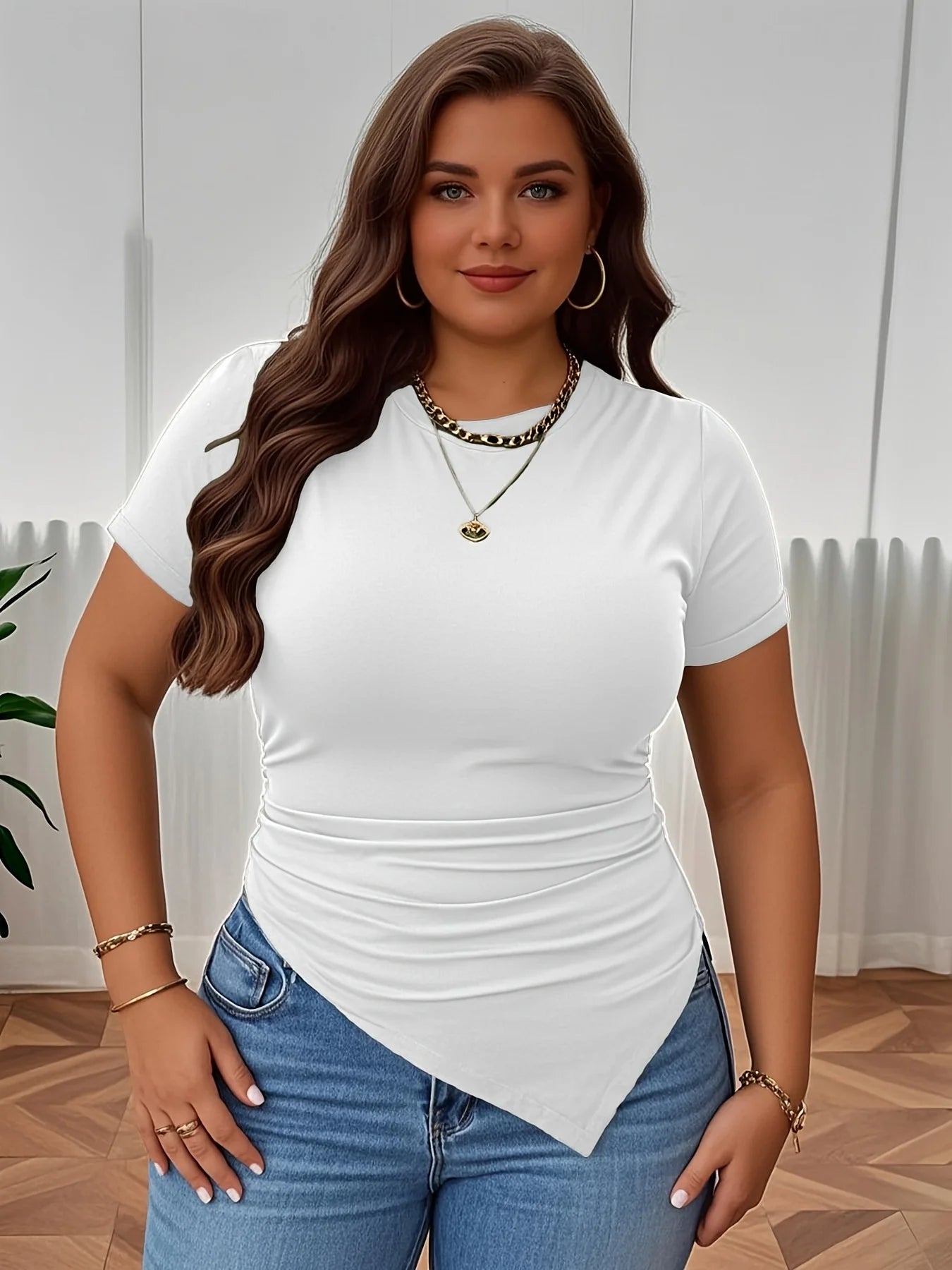 Plus Size New Women's Clothing Ins Minimalist Style Round Neck T-shirt Slim Fit Temperament Solid Color Top Blouses Woman