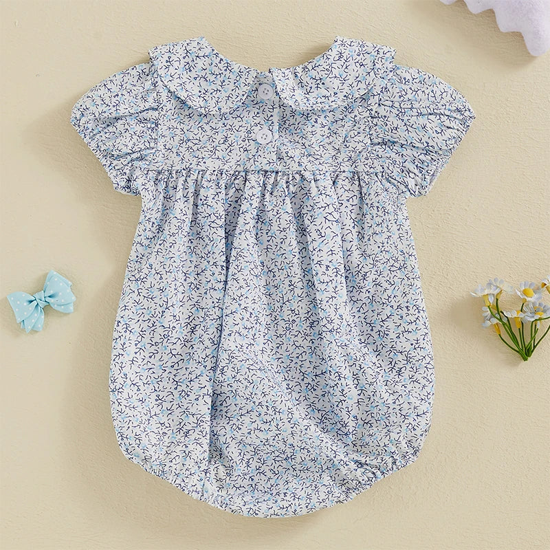 0-18M Infant Baby Girls Bowknot Embroidered Rompers Lovely Floral Print Doll Collar Short Sleeve Bubble Jumpsuits for Newborn