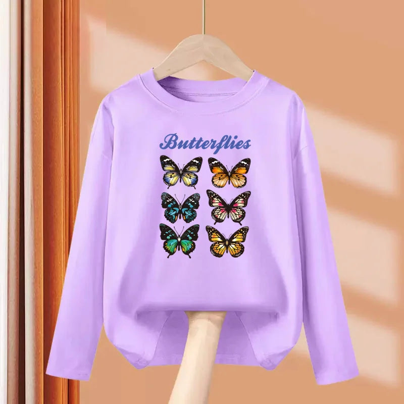 Girls New Autumn Clothes Paris Eiffel Tower T-shirt Long sleeved Cotton Tops Little Girl Butterfly Party Tees