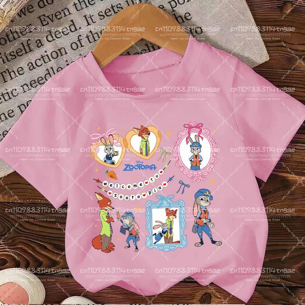 2026 Summer Children Girl Boy Cotton Clothes  Zootopia Cartoon Prints T-shirts Fashion Kid Baby Short Sleeve Crew Neck Top