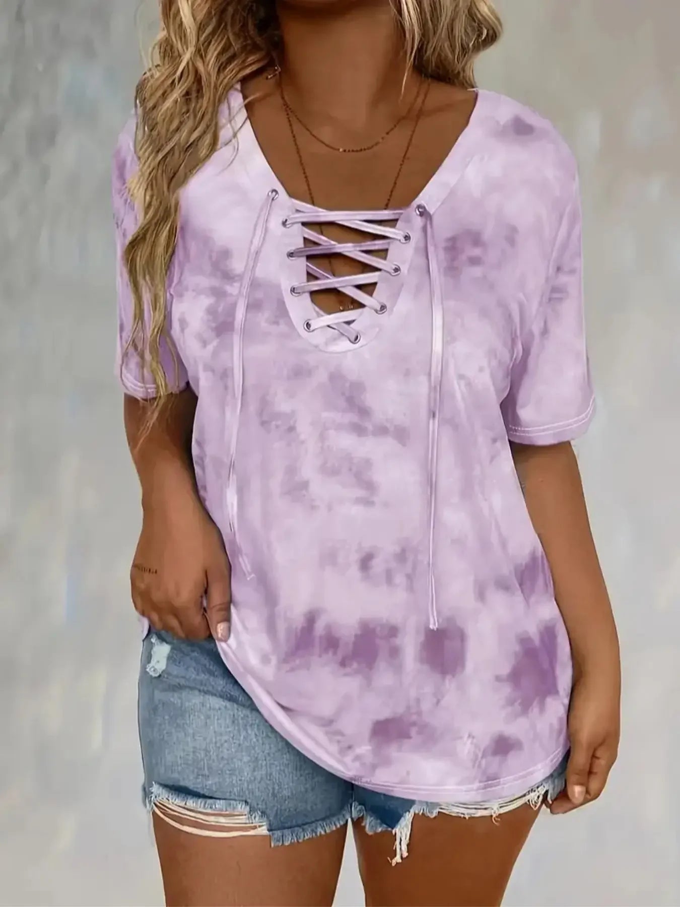 Plus Size Women's 1XL-5XL Fashion Tie Dye Print Short Sleeve T-Shirt Ladies Casual Loose Fit Tee with Lace-Up Drape Neck T-shirt