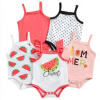 Baby Girl Spring and Summer Sweet Strap Romper with Popular Fruit Print, 5-Pack in Mixed Colors
