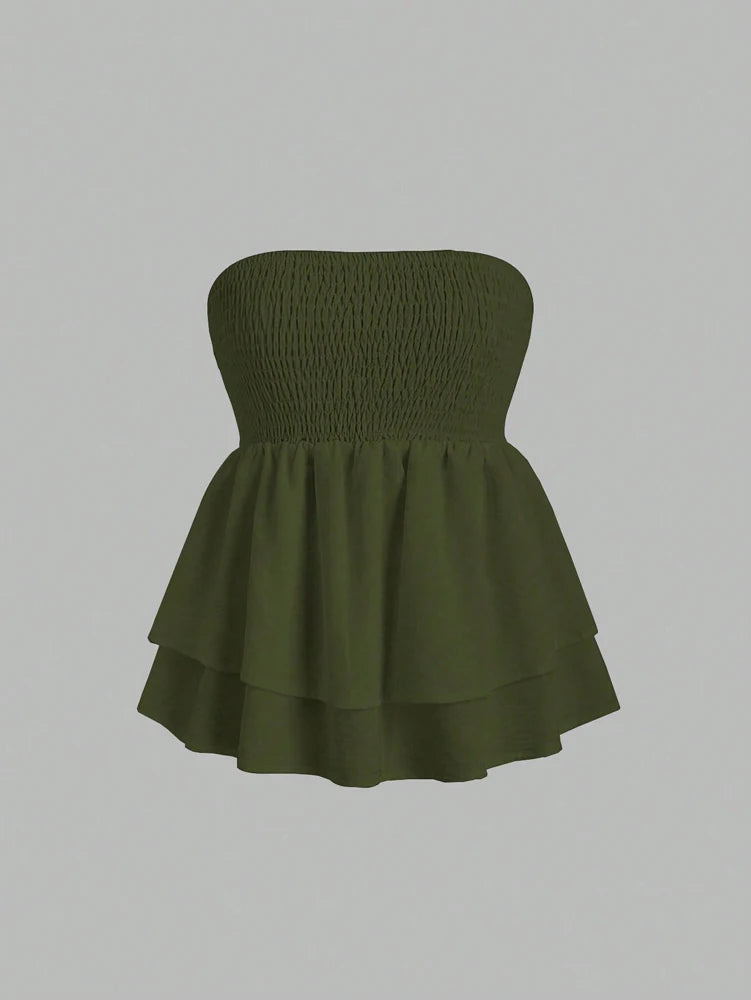 Plus Size Women's 2025 Summer New Sleeveless Tube Holiday Style Solid Color Double Layer Ruffle Swing Tube Women's Tops