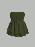 Plus Size Women's 2025 Summer New Sleeveless Tube Holiday Style Solid Color Double Layer Ruffle Swing Tube Women's Tops