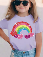 2026 Summer Fashion Girls' Pure Cotton Round Neck Short Sleeve Rainbow Heart Print T-Shirt Casual Versatile Top Trendy Clothing