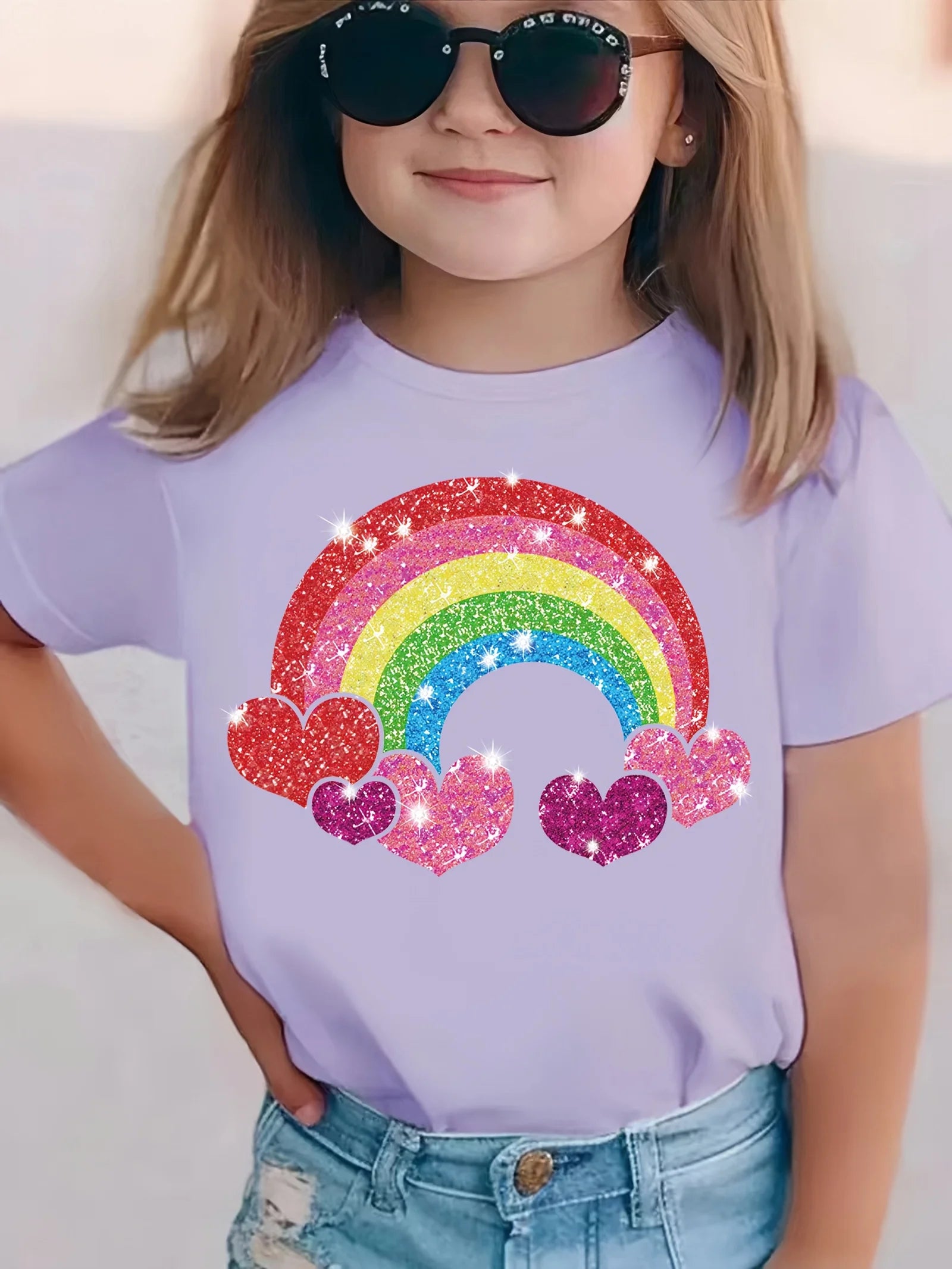 2026 Summer Fashion Girls' Pure Cotton Round Neck Short Sleeve Rainbow Heart Print T-Shirt Casual Versatile Top Trendy Clothing