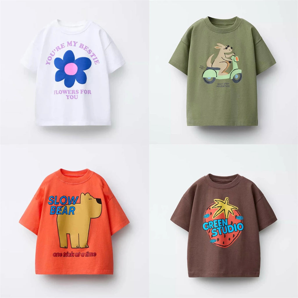 1-7Years Old Boys Girls Fashion T-shirt Summer Clothes Short-sleeved Tops Toddler Cartoon Printed Tees Loose Casual Sports Tees