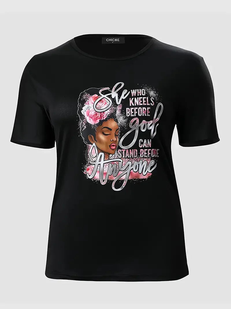Plus Size Plus Size Graphic Print Round Neck T-shirt, Women's Plus Slight Stretch Casual Tee