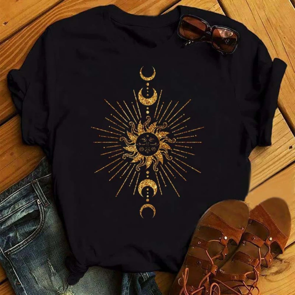 Gold and White Sun Moon Stars Print Women T Shirt Short Sleeve Women Tshirt Durable Plus-size Casual T-shirt Daily Streetwear