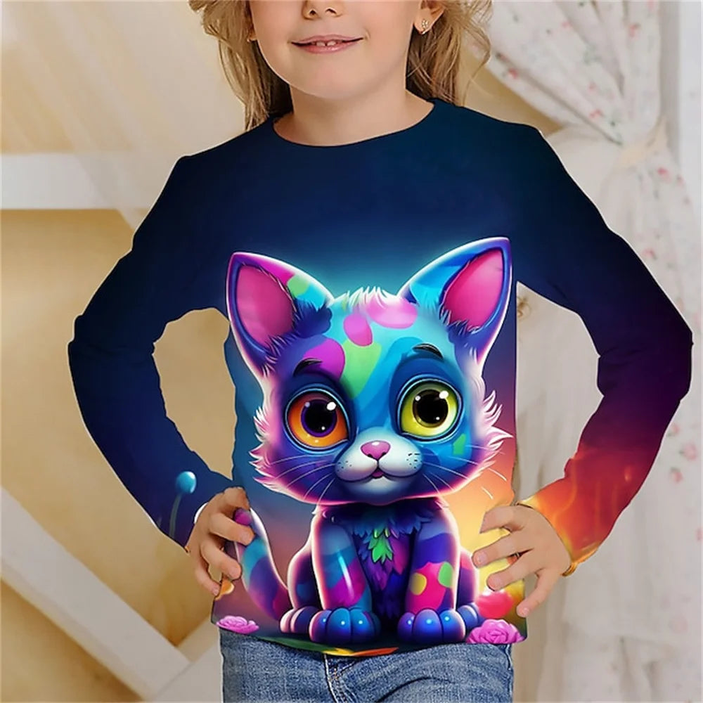 Girls Clothes for Kid Long Sleeve T-Shirt Children from 9 to 12 Years Cute Cartoon Cat Animal Printed Polyester Autumn Tee Shirt