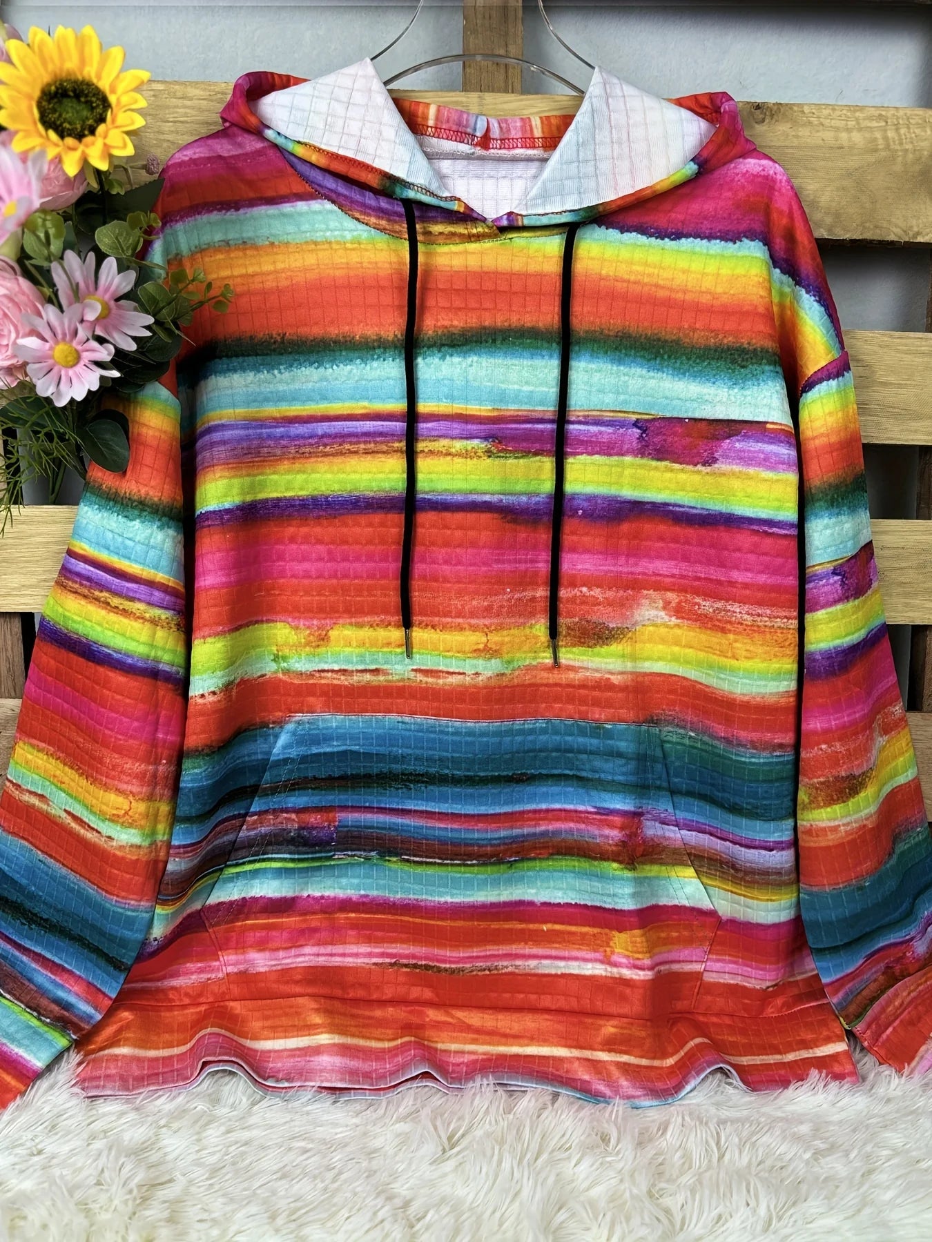 Women's Plus Size Striped Waffle Drawstring Hoodie Casual Long Sleeve Kangaroo Pocket Hooded Sweatshirt For Fall&Winter Clothing