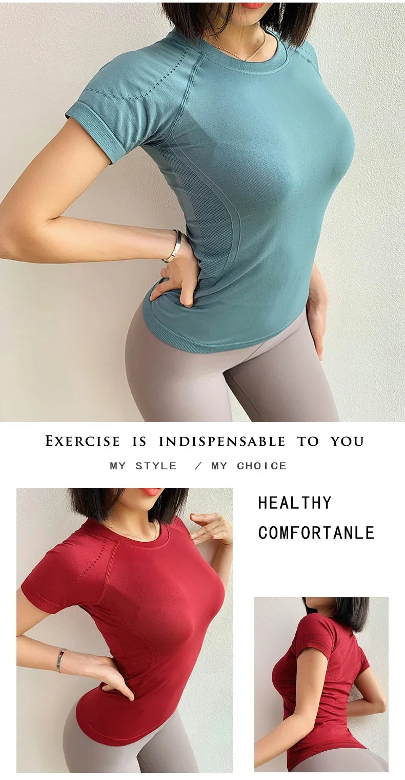 Women Yoga Shirts Sports T Shirt Summer Short Sleeve Round Neck Breathable Stretchy GYM Yoga Slim Fitness Active Top Tee