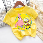 Cute SpongeBobs T-shirt Kids Anime Round Role Boys Girl Toddler Cotton Streetwear Tees Casual Short Sleeve Childern Clothes Tops