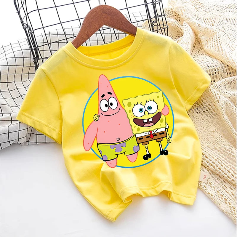 Cute SpongeBobs T-shirt Kids Anime Round Role Boys Girl Toddler Cotton Streetwear Tees Casual Short Sleeve Childern Clothes Tops