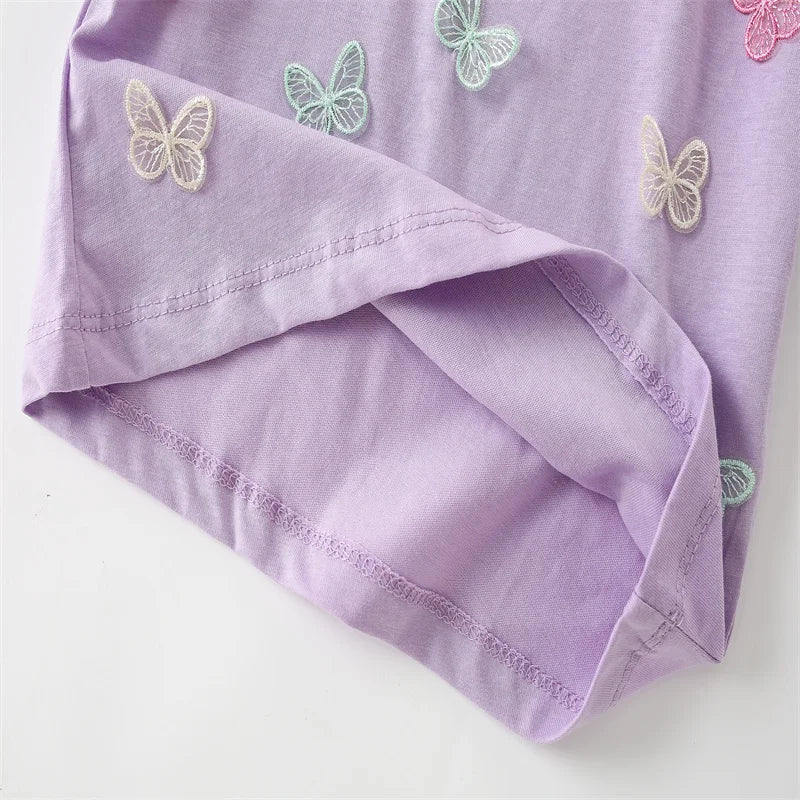 Jumping Meters 3-8T Animals Summer Girls Tshirts Butterflies Applique Short Sleeve Baby Clothes Embroidery Children's Tees