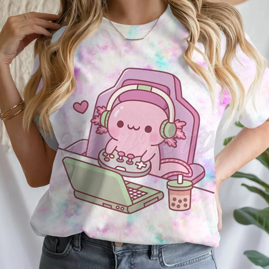 Girls' Summer Clothes Cute Axolotl Playing Games Graphic T-Shirt 3D Print Tie Dye Children's Clothing for Girl Short Sleeve Tee
