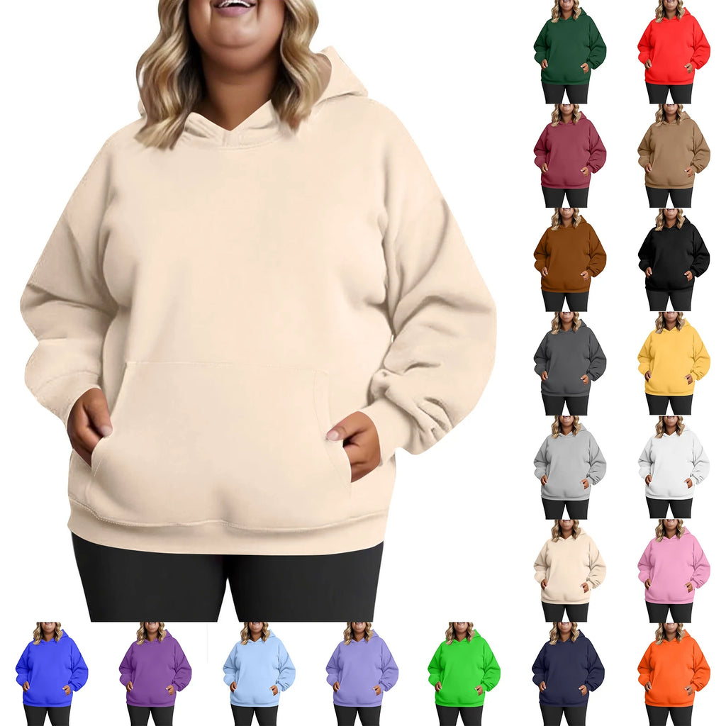 Plus Size Hooded Sweatshirt for Women Fall Fashion Casual Solid Color Pocket Hoodies Women's Clothing Street Hip Hop Hoody