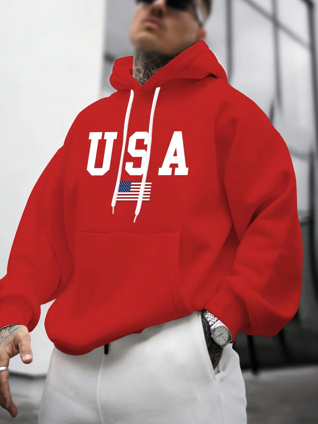Men's autumn and winter casual fashion loose American flag graphic print long sleeved hooded sweatshirt warm pullover
