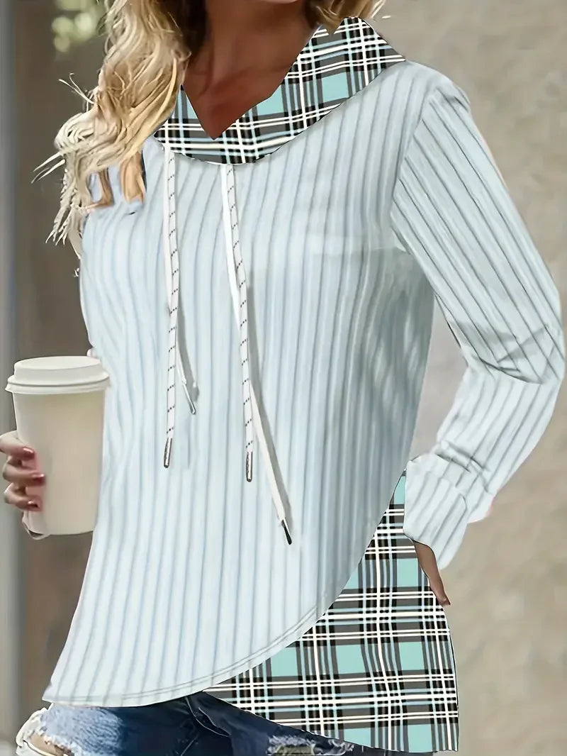 Plus Size 1XL-5XL Women Casual Hoodie Sweatshirt Pullover Long Sleeve Drawstring HoodieWomen's Colorblock Plaid Print