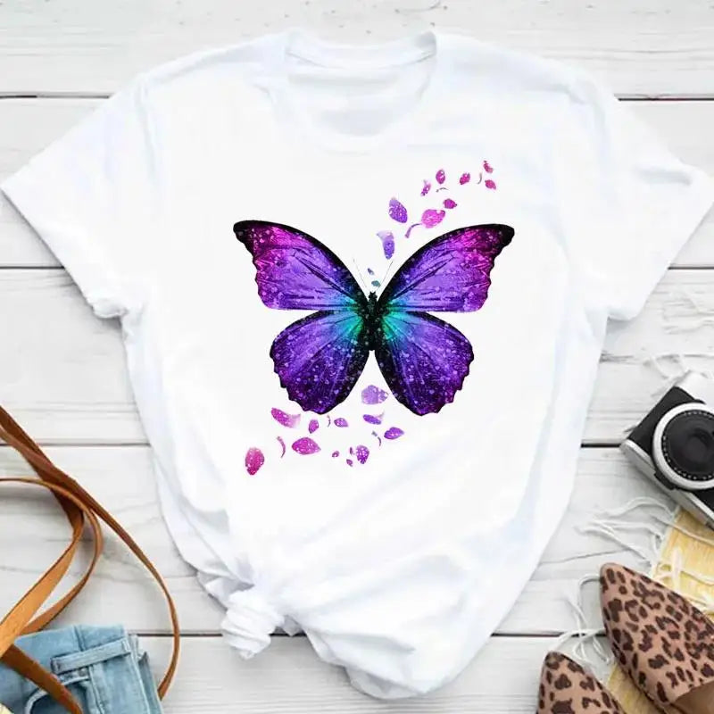 Fashion Women Men T Shirt Colorful Butterfly Petal Graphic Print T Shirt Casual Crew Neck Short Sleeve Plus Size T Shirt Unisex