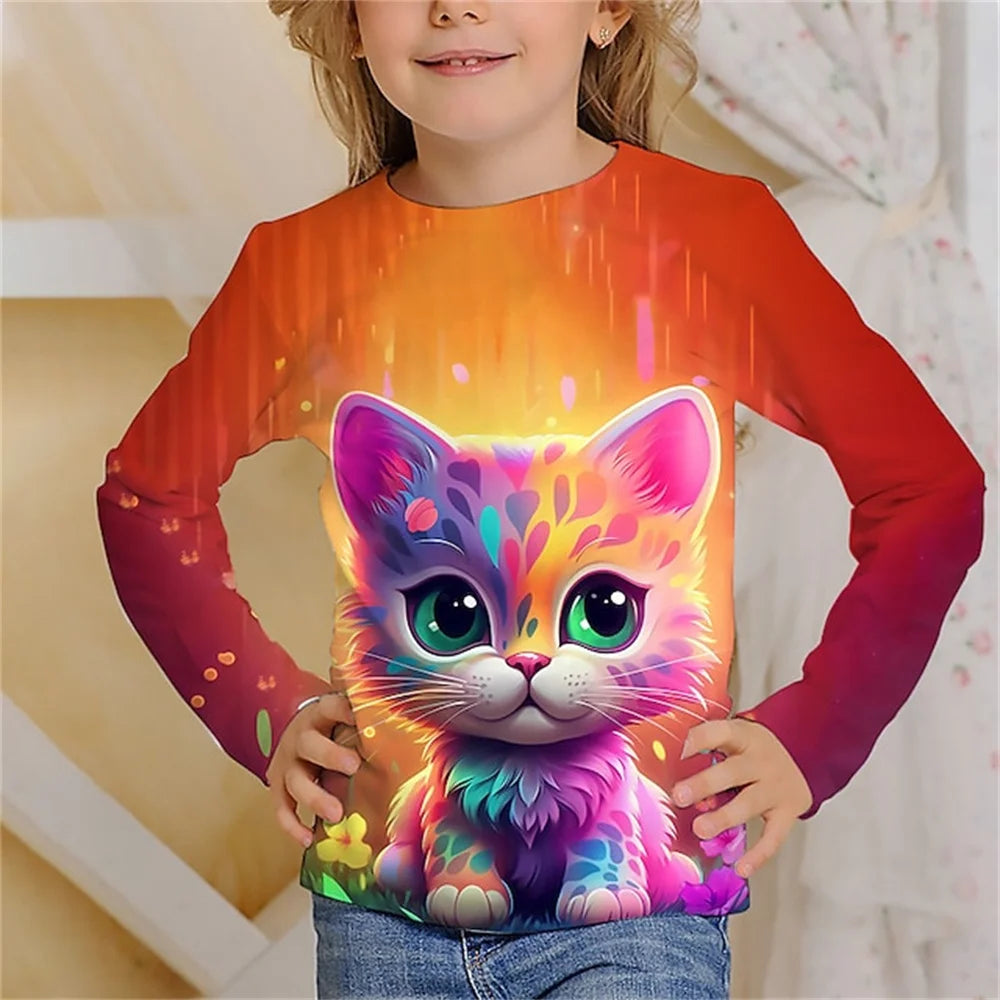 Girls Clothes for Kid Long Sleeve T-Shirt Children from 9 to 12 Years Cute Cartoon Cat Animal Printed Polyester Autumn Tee Shirt