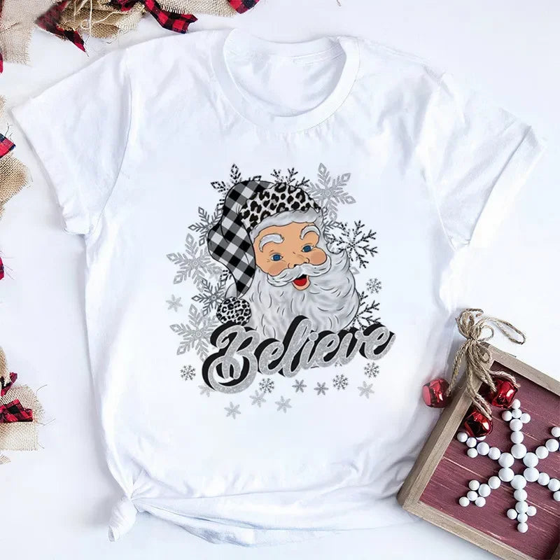 Women Tshirts Merry Christmas Tree Print Red Top Femal New Clothing Short Sleeve 90s Girls Lucky Deer T-shirts Aesthetic Clothes
