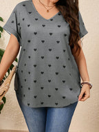 Plus Size Heart Design Pattern Printed T-shirts Summer Fashionable High Quality Short Sleeved Casual Sports V-Neck Pullover Tops