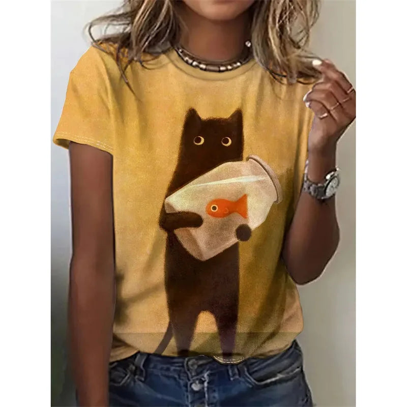 Cartoon Cat Graphic T-Shirt For Women Animal 3D Printed T Shirts Summer Fashion Casual Loose Tees Round Neck Tops Short Sleeves