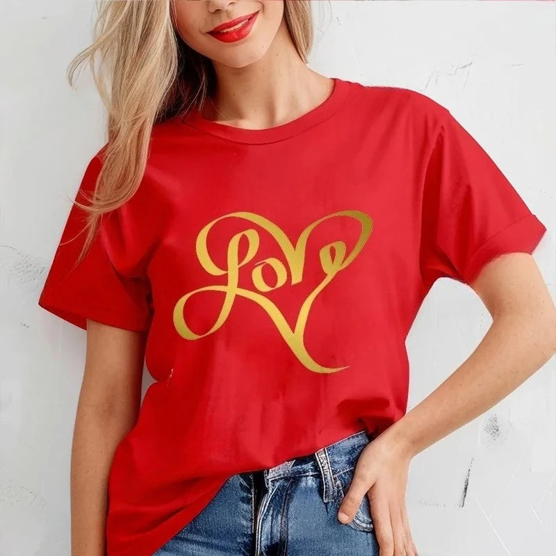 New Tshirts for Women Casual T Shirts Casual Tee Clothes Valentine Leopard Love Heart Printed T-Shirts Hip Hop Street Tops