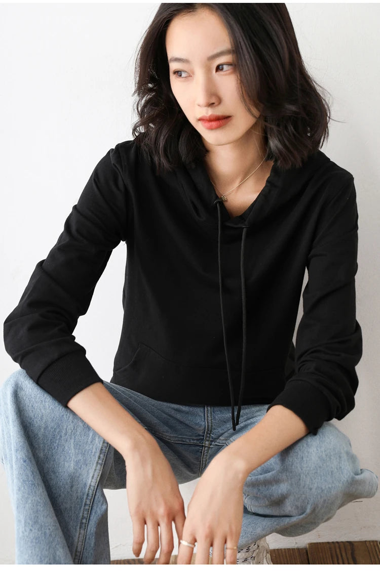 Women Hoodies 100% Cotton Spring Autumn Loose Long Sleeve Pullovers Solid Casual Ladies Outerwear Hooded Hoodie Womens Clothing