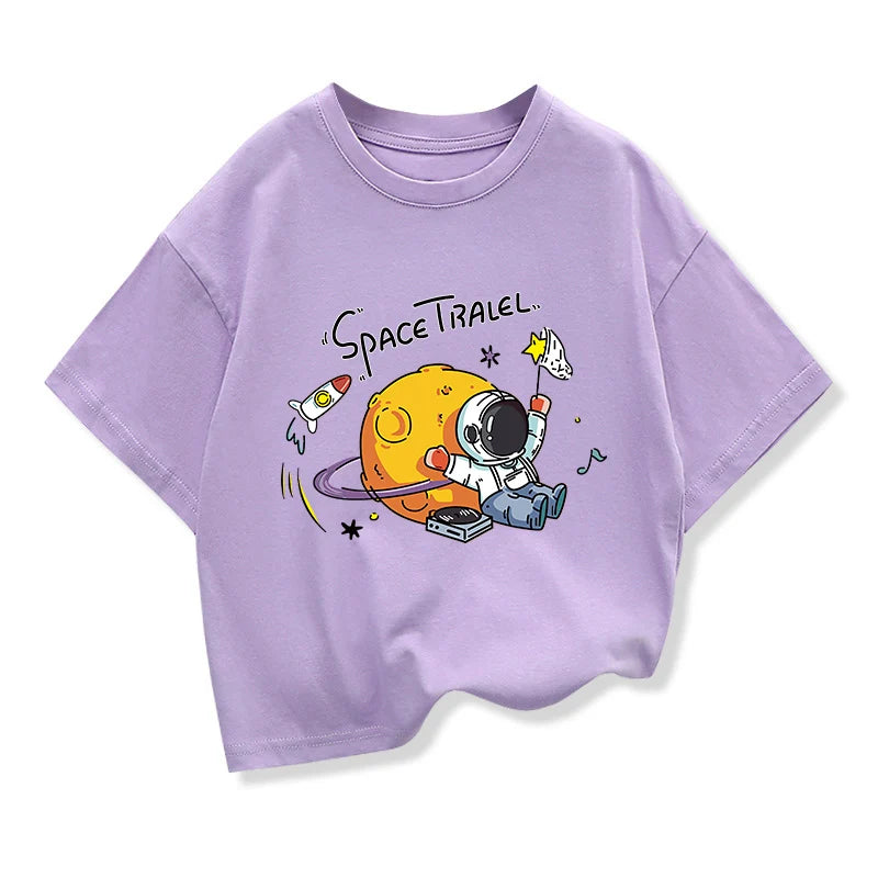 2025 New Kids Clothing Spaceman Travel Graphic Summer T-Shirt Boy And Girl Cotton Fashion Tops Teen Boys Loose Short Sleeve Tee