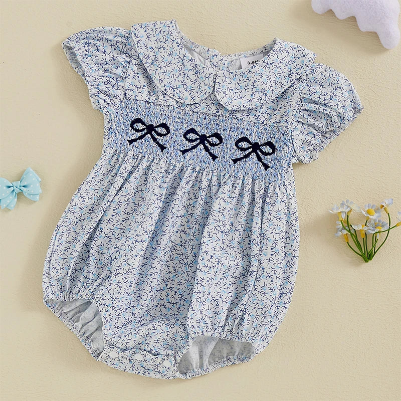 0-18M Infant Baby Girls Bowknot Embroidered Rompers Lovely Floral Print Doll Collar Short Sleeve Bubble Jumpsuits for Newborn