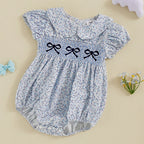 0-18M Infant Baby Girls Bowknot Embroidered Rompers Lovely Floral Print Doll Collar Short Sleeve Bubble Jumpsuits for Newborn