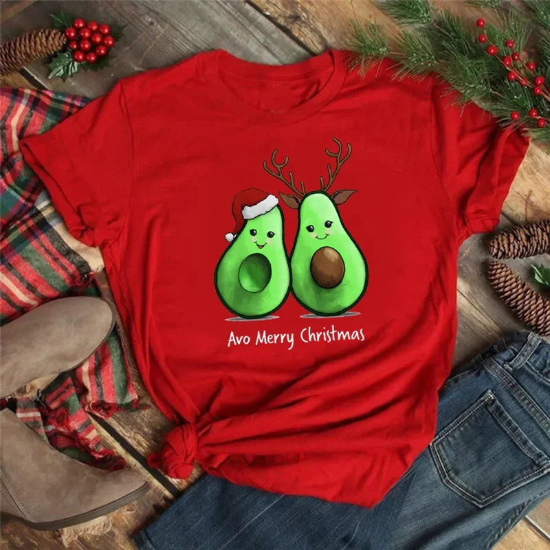 Women Tshirts Merry Christmas Tree Print Red Top Femal New Clothing Short Sleeve 90s Girls Lucky Deer T-shirts Aesthetic Clothes