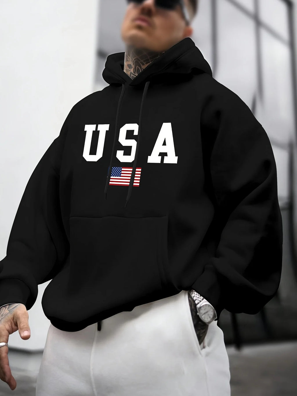 Men's autumn and winter casual fashion loose American flag graphic print long sleeved hooded sweatshirt warm pullover