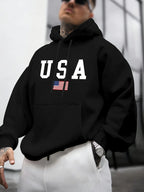 Men's autumn and winter casual fashion loose American flag graphic print long sleeved hooded sweatshirt warm pullover