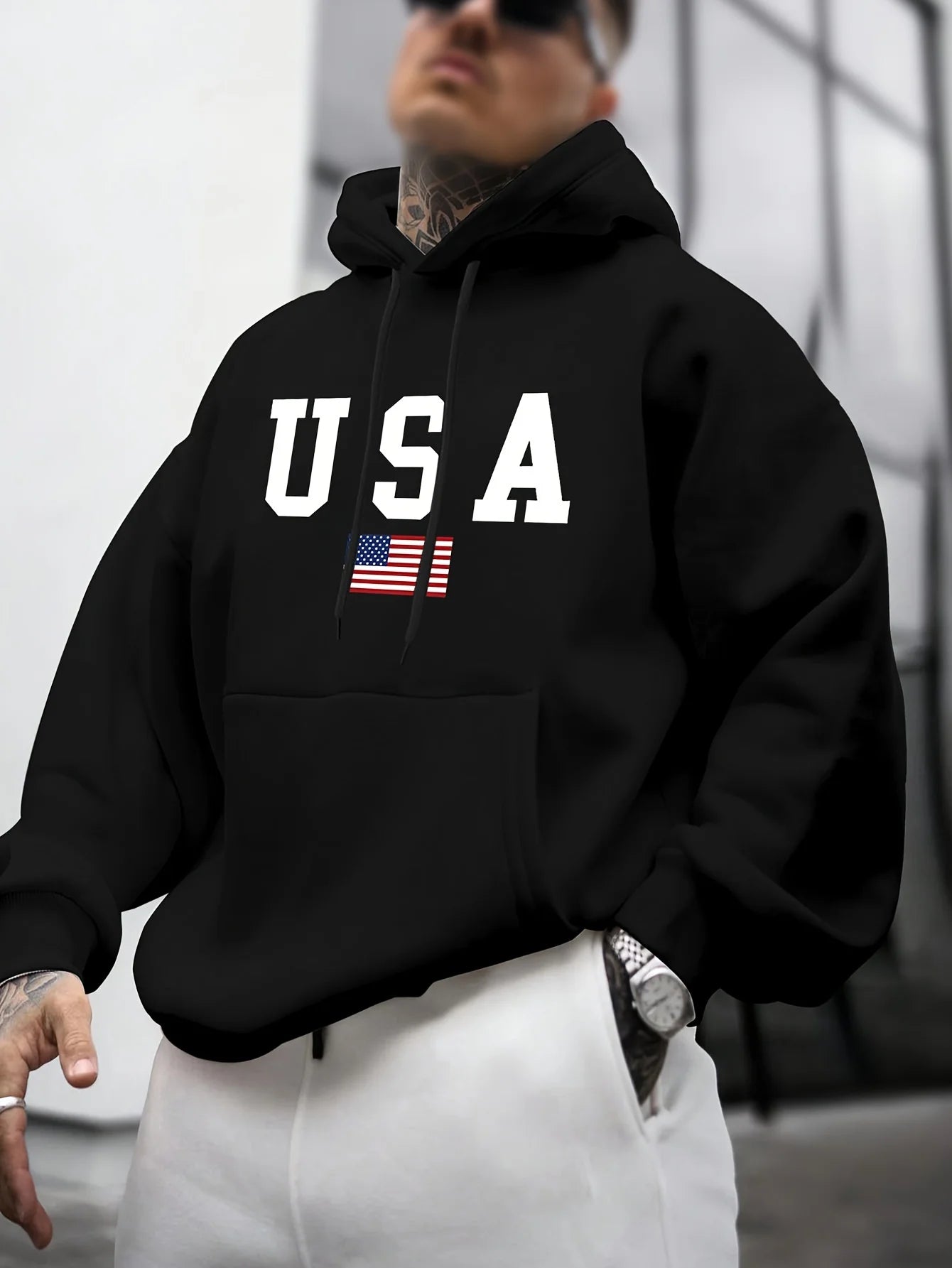 Men's autumn and winter casual fashion loose American flag graphic print long sleeved hooded sweatshirt warm pullover