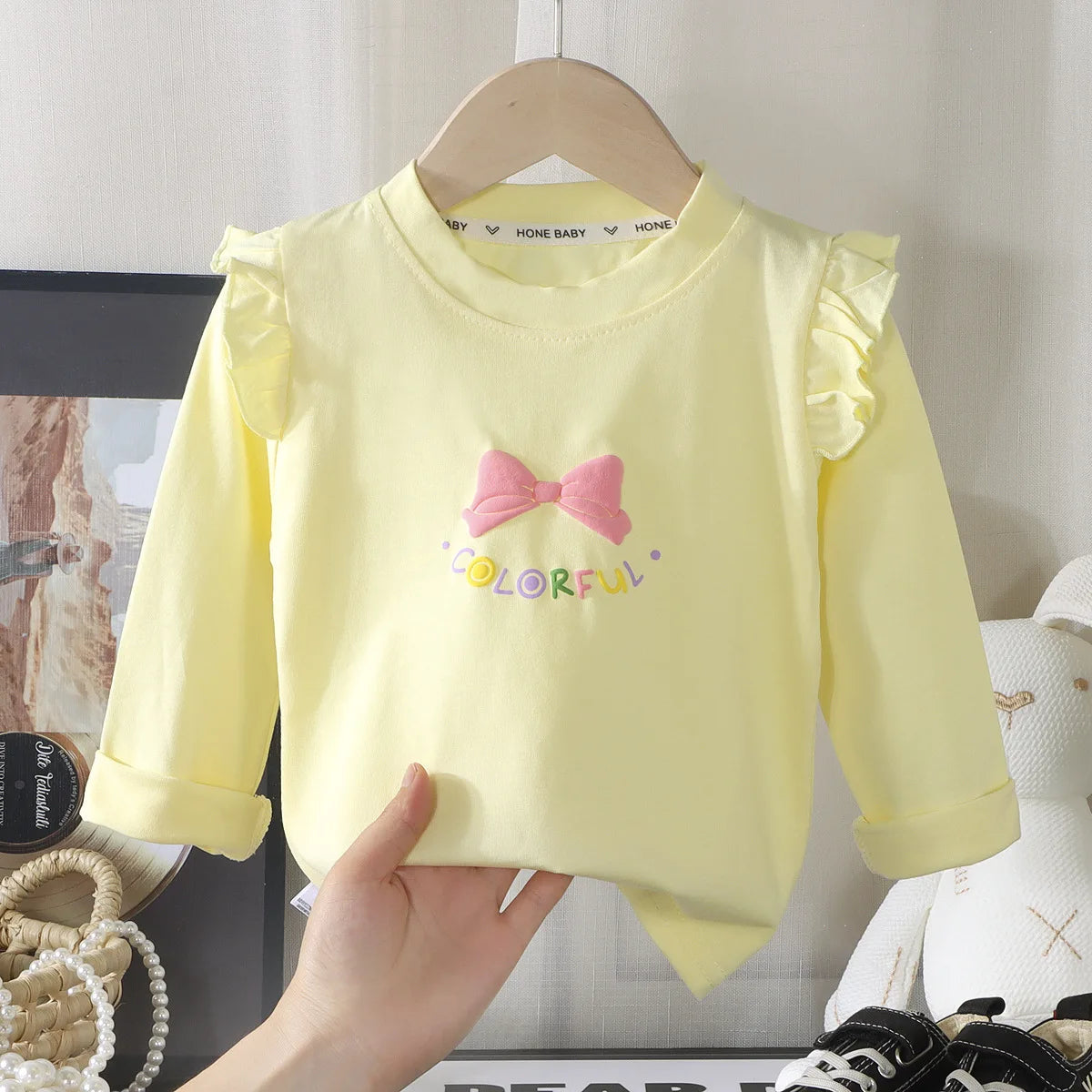 Kids Girls Cotton Long Sleeve Tops with Bow Cute Print Shirt Basic Tee Fall Autumn Clothing for Baby Toddler