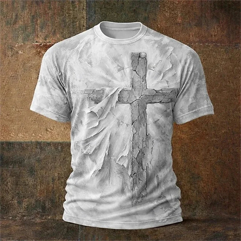 Christian Men's T-Shirt Summer Loose-Fit T-Shirt Gothic Style Jesus Christ Cross 3D Print Crew Neck Top Retro Short-Sleeve