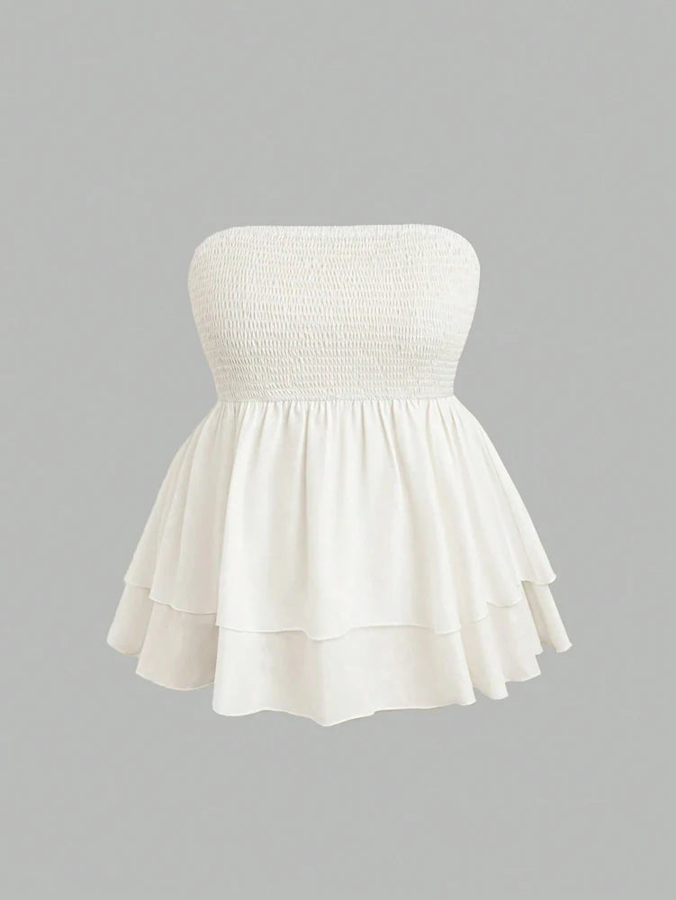 Plus Size Women's 2025 Summer New Sleeveless Tube Holiday Style Solid Color Double Layer Ruffle Swing Tube Women's Tops
