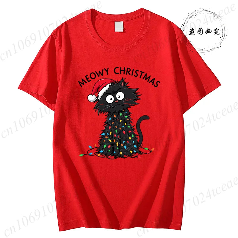 Women'S Casual Graphic T-Shirt - Meowy Christmas Print, Short Sleeve O Neck Top for Christmas Xmas T-Shirts Christmas Santa Tees