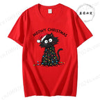 Women'S Casual Graphic T-Shirt - Meowy Christmas Print, Short Sleeve O Neck Top for Christmas Xmas T-Shirts Christmas Santa Tees