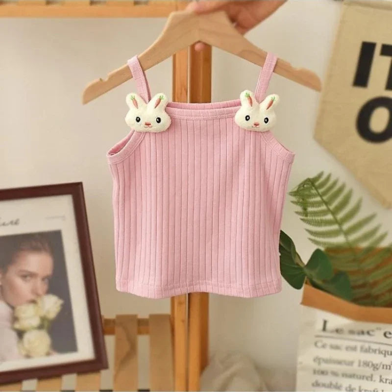 1-8Y Children's Knitted Sling Top Sleeveless Short T-Shirts 2025 Summer Thin Base Suspenders Girls Baby Rabbit Mushroom Tops