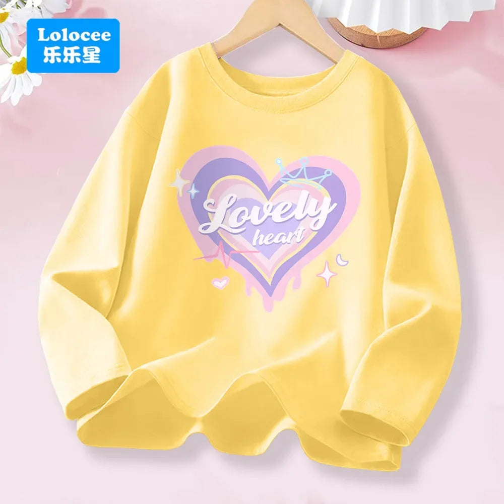 Kawaii Lovely Heart T-shirt for Girls - Cute Pink Purple Heart Print Long Sleeve Top, Kids Casual Cotton Basic Shirt